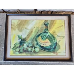 1967 Signed Watercolor Still Life Wine Grapes Framed Art 17x24 MCM